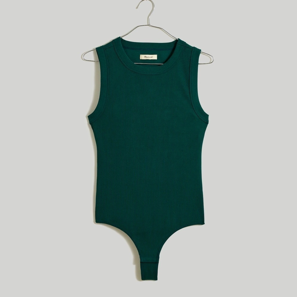 Madewell Crewneck Thong Rib Bodysuit in Sleekhold Utopian Pine Green Small